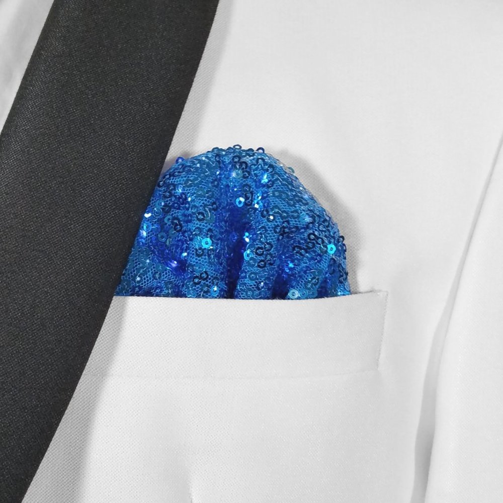 Men's French Blue Sequin Pre-Folded Pocket Square Insert - Fan Design